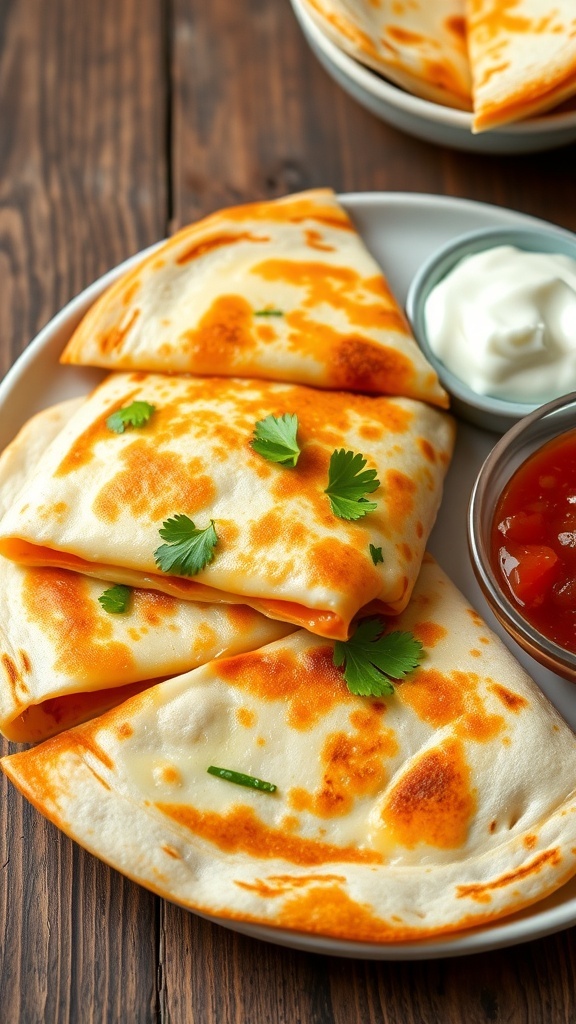 Three Cheese Quesadilla Recipe Three cheese quesadilla cut into wedges, served with salsa and sour cream on a rustic table.